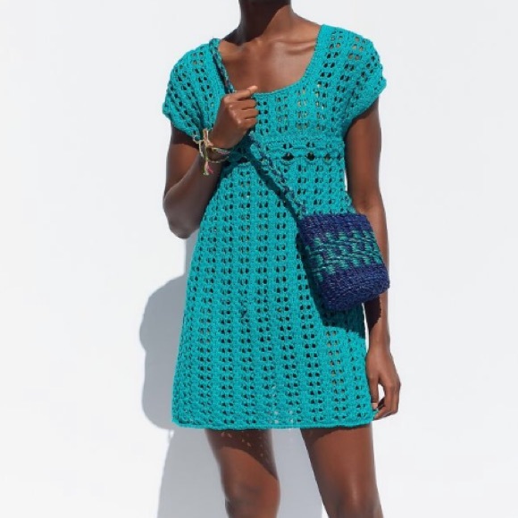 URBAN OUTFITTERS OPEN KNIT MINI DRESS, PEEK A BOO TEAL GREEN CROCHET MINI DRESS - Picture 1 of 7